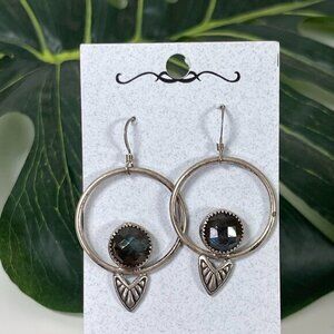 New Sterling Silver Hoop Earrings with Labradorite Gemstone and Tribal Design